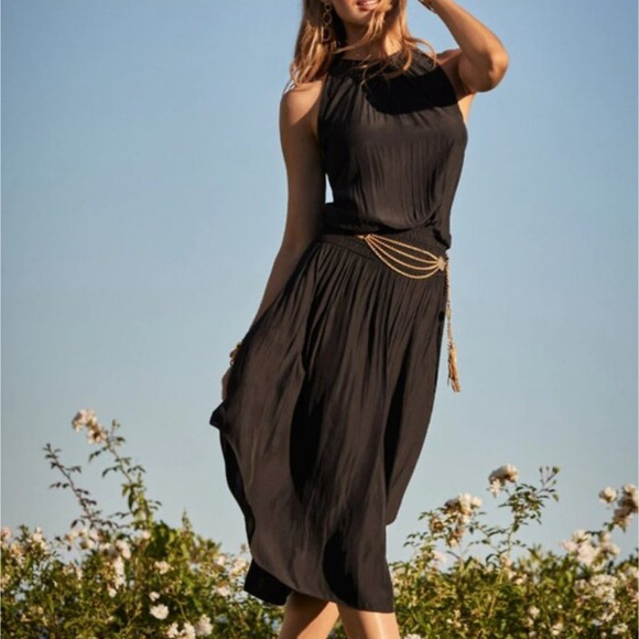 Ramy Brook Black Audrey Smocked Midi Dress Size Large - Picture 1 of 14